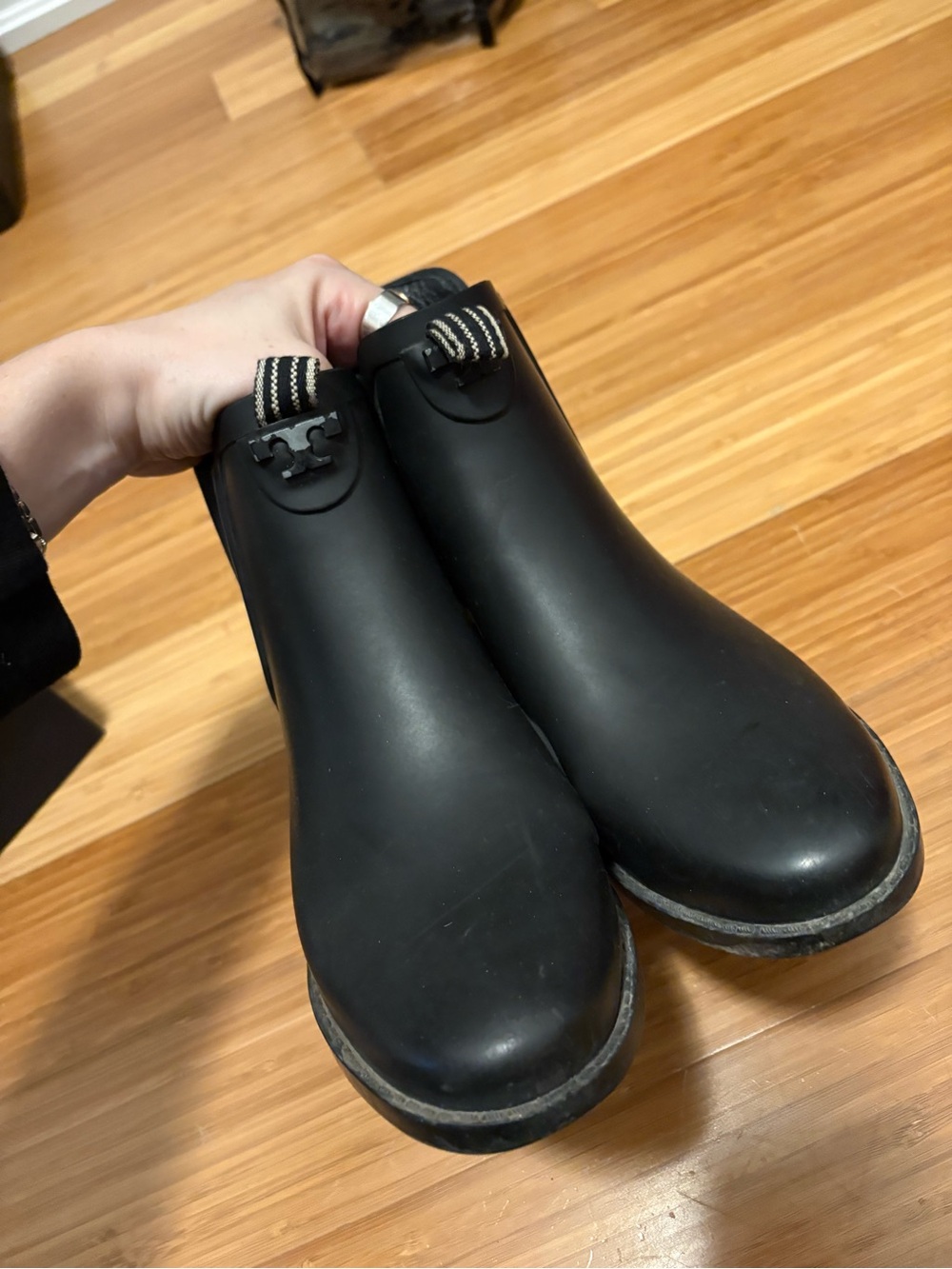 Tory Burch Black Slip-On Rain Chelsea Boots
